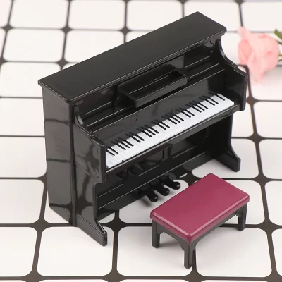 1/12 casa de bonecas em miniatura acessórios mini piano de cauda de madeira com fezes simulação instrumento musical modelo brinquedo casa de boneca decoração