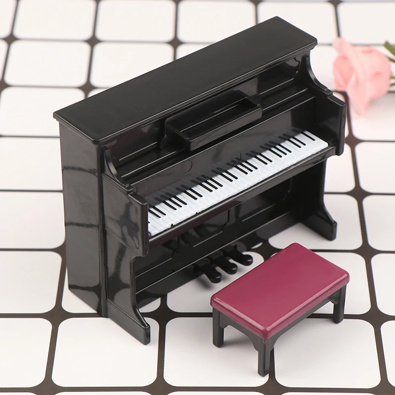 1/12 casa de bonecas em miniatura acessórios mini piano de cauda de madeira com fezes simulação instrumento musical modelo brinquedo casa de boneca decoração