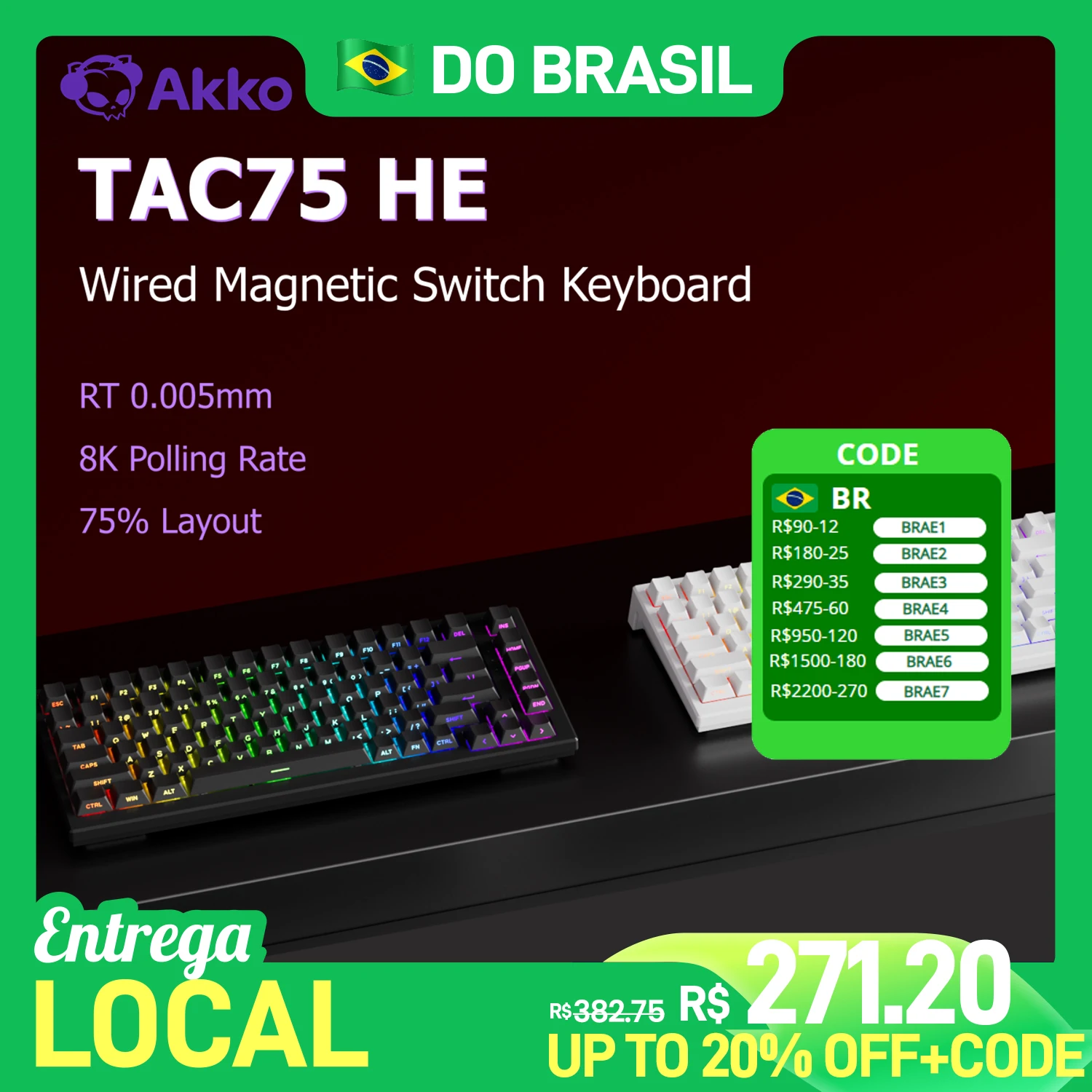 Akko tac75 he teclado magnético 75% gatilho rápido 0.005mm rgb 8k taxa de pesquisa com fio mecânico esports teclado para jogos para gamer
