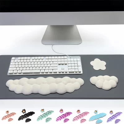 Conjunto de descanso de pulso para teclado em nuvem, 3 peças, descanso de pulso em nuvem com base antiderrapante, porta-copos floral de mesa, adequado para almofada de pulso de teclado