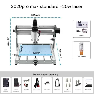 Máquina fresadora cnc 3020 pro max 300w, máquina de gravação a laser, estrutura de metal, gravador a laser diy para madeira, pcb, metal