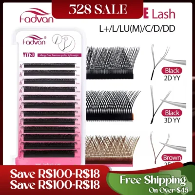 Fadvan yy forma cílios extensão 2d/3d falso vison l +/l/lu (m)/c/d/dd 8-15mm preto/marrom pré-fabricado fã cílios extensão ponta dividida