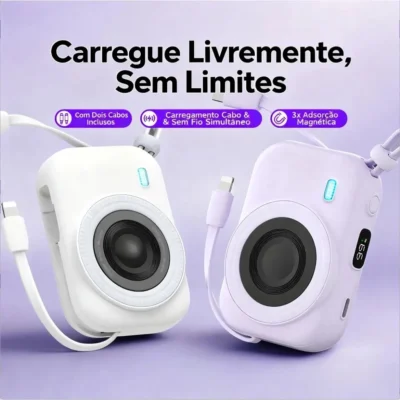 Powerbank Câmera Mini 15W Magnético Cabo Incorporado Portátil Inovador