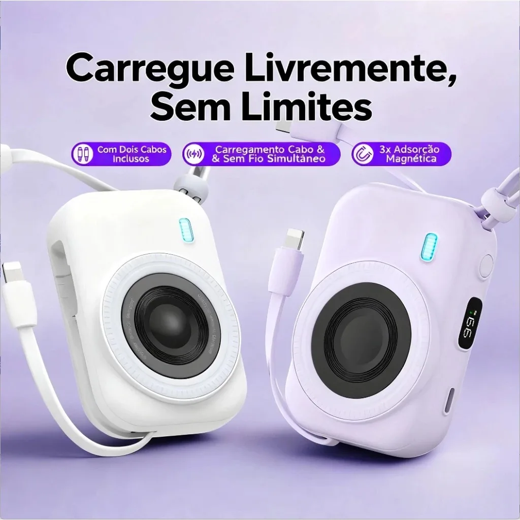 Powerbank Câmera Mini 15W Magnético Cabo Incorporado Portátil Inovador