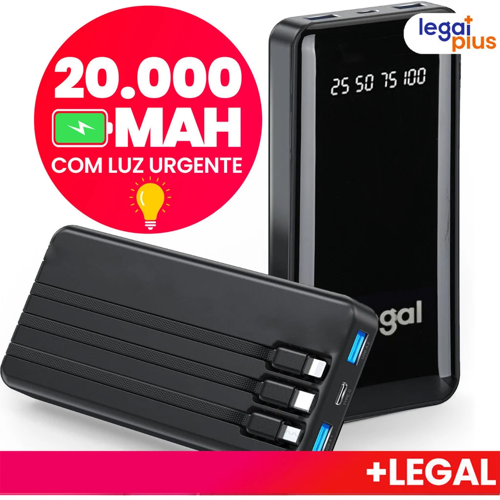 Carregador Portátil 20000mAh Design Único e Compacto Bateria de Grande Duração Para Aventuras ao Ar Livre e Emergências