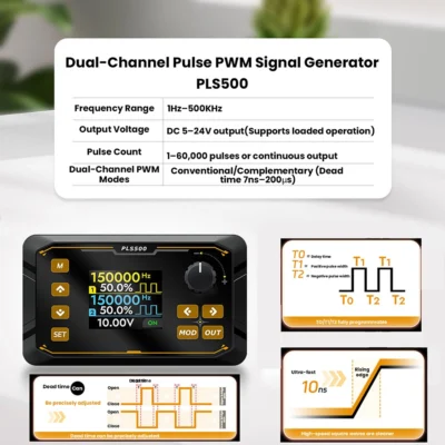 Gerador de Sinal PWM de Pulso de Canal Duplo PLS500 DC 5-24V 1Hz a 500kHz com Tempo Morto Ajustável e Programável