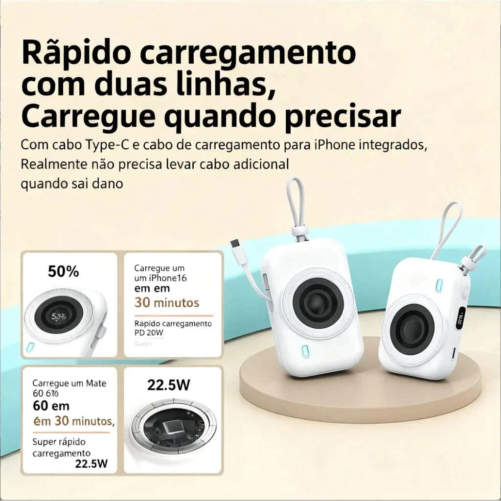 Powerbank Câmera Mini 15W Magnético Cabo Incorporado Portátil Inovador - Image 4