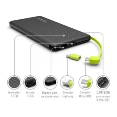 Power Bank Carregador Portátil 10000 Mah compatível Slim V8, Tipo , Preto e Branco Carregamento Rápido