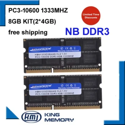 Kembona ddr3 1333mhz 8gb (kit de 2.2x 4gb) PC3-10600 1333d3s9/4g marca nova memória ram memória sodimm para computador portátil