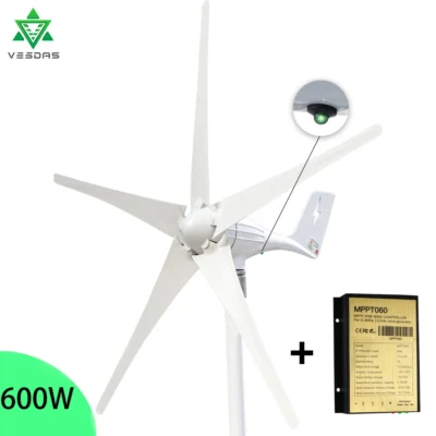 Kit de gerador de turbina eólica de eixo horizontal, 12v, 24v ac, 600w, micro-moinho de energia doméstico, com luz de led, controlador mppt livre