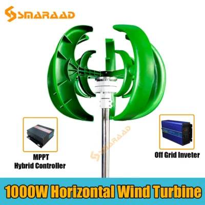 Gerador Eólico de 1000W 12V/24V com 5 Pás, Kit de Motor de Eixo Vertical para Uso Doméstico, Híbrido e Iluminação Pública Eletromagnética