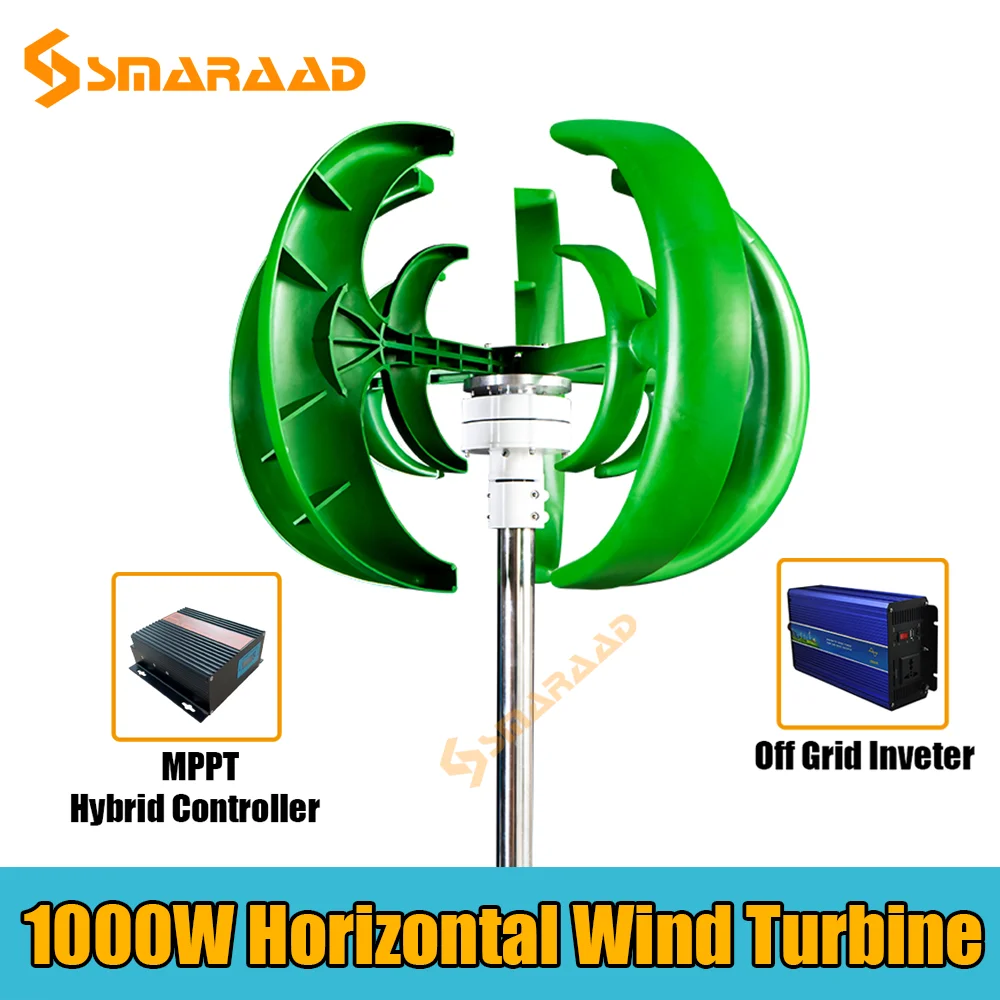 Gerador Eólico de 1000W 12V/24V com 5 Pás, Kit de Motor de Eixo Vertical para Uso Doméstico, Híbrido e Iluminação Pública Eletromagnética
