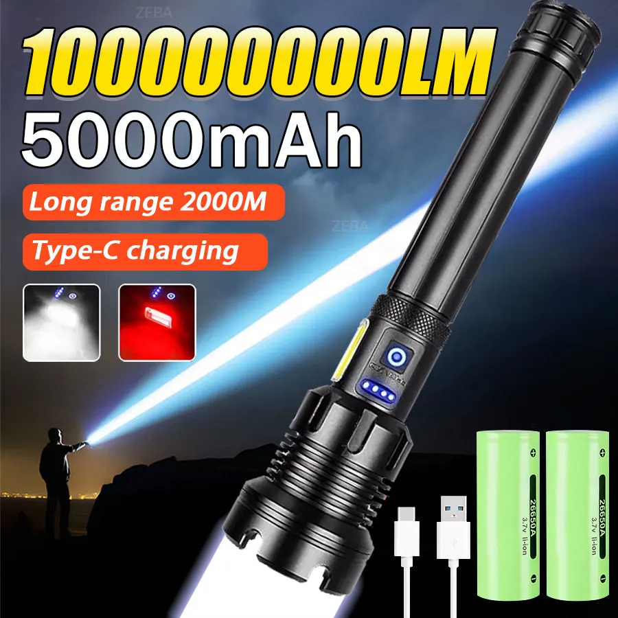 Lanterna LED de alta potência XHP390 Alto lúmen 10000000 Lâmpada de luz mais forte recarregável lanterna tática tocha de acampamento ao ar livre