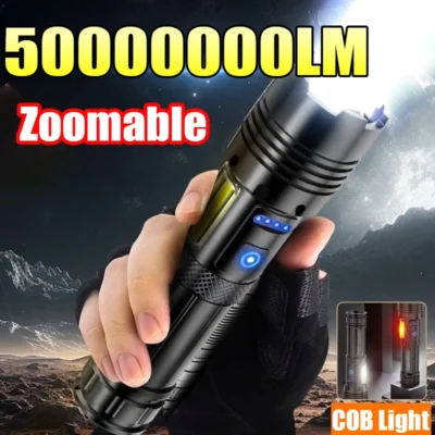 Lanterna de ultra-alta potência 50000000lm, display eletrônico digital, à prova d'água, zoom, luz manual, acampamento ao ar livre