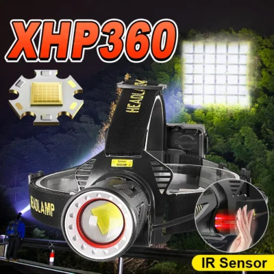 XHP360 Super Brilhante Tocha de Longo Alcance com Zoom, Lanterna Tática LED Portátil para Emergências, Exibição de Energia