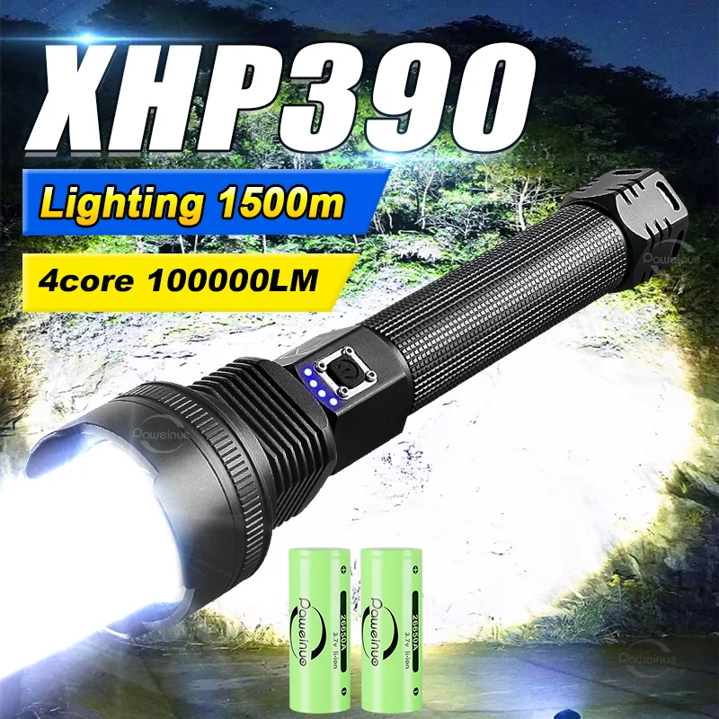 Lanternas LED de alta potência XHP390 100000 LM recarregável luz forte lanterna tática militar autodefesa emergência led tocha