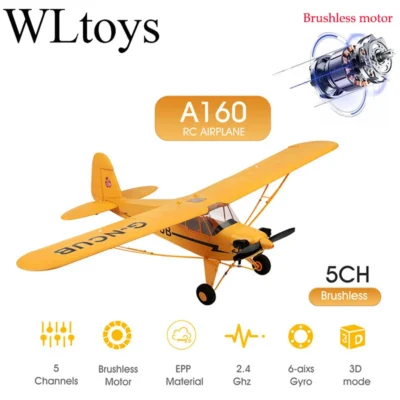 Venda Quente Avião rc rtf 2.4g, motor sem escova 3d/6g, avião de controle remoto wltoys a160 atualizado J3-CUB pronto para voar
