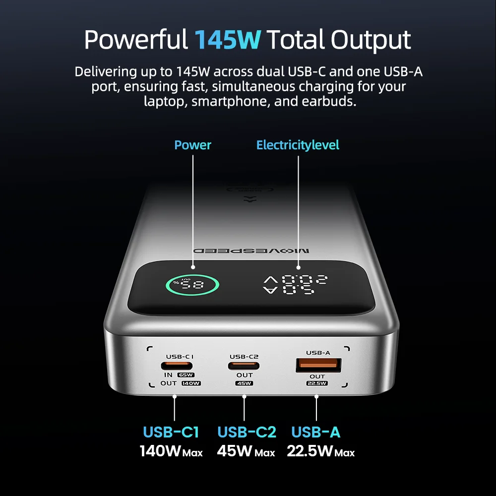 Movespeed m25 pro 140w power bank 25000mah tipo c carregamento rápido bateria de grande capacidade 100w powerbank para macbook lenovo portátil - Image 2