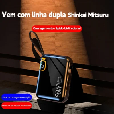 Power Bank 12000mAh, Portátil com Cabo Integrado, Carregamento Rápido, 2 Saídas USB, Para Celular e Viagem