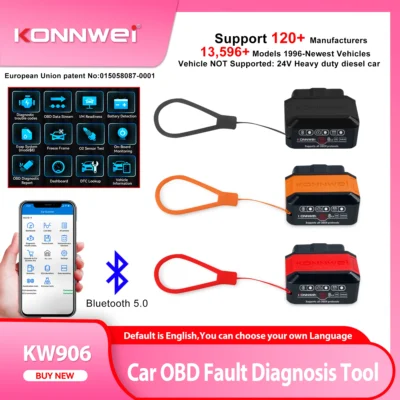 2026 konnwei kw906 obd2 sistema de motor carro ferramenta diagnóstico scanners bluetooth5.0 para android/ios elm 327 leitor código pic18f25k80