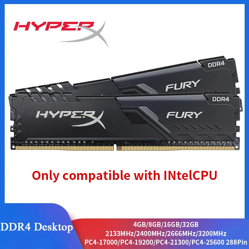 Memória HyperX Fury Desktop RAM DDR4 8GB 16GB 3200MHz 2400MHz 2666MHz 288 Pinos Memória para Desktop Compatível apenas com CPU Intel