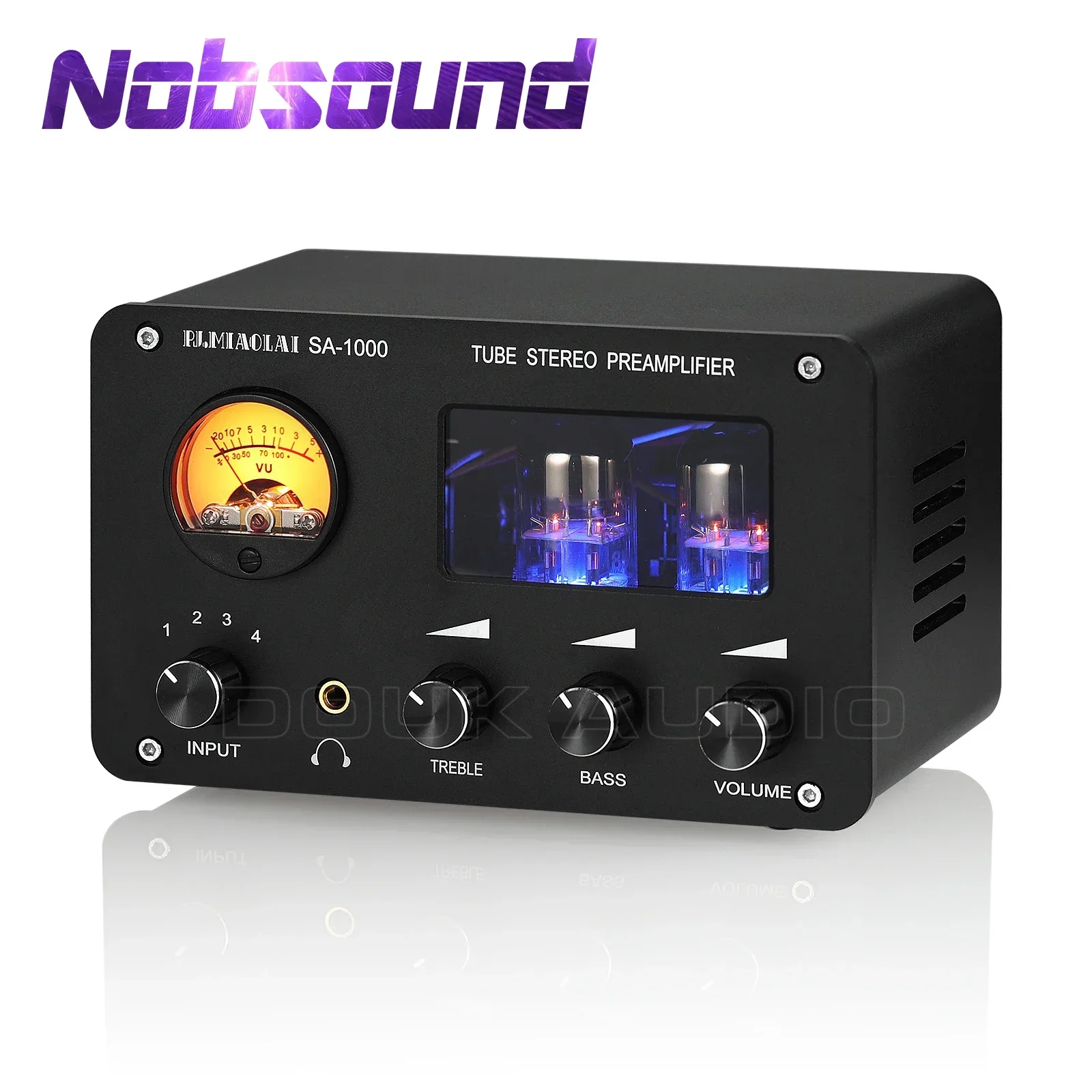 Nobsound hifi tubo de vácuo pré-amplificador estéreo 4 vias switcher amplificador de fone de ouvido de mesa com medidor vu controle de agudos e graves