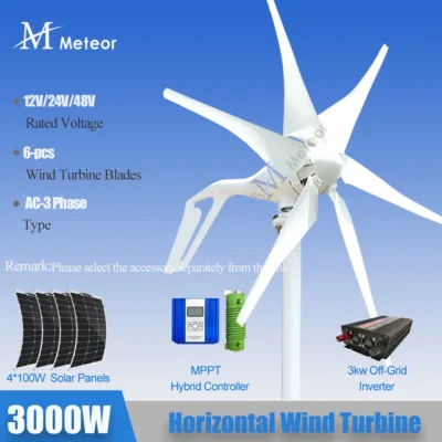 Gerador horizontal de turbina eólica residencial meteorológica, 6 lâminas, 3000w, 12v, 24v, 48v, baixa velocidade do vento de partida com controlador mppt