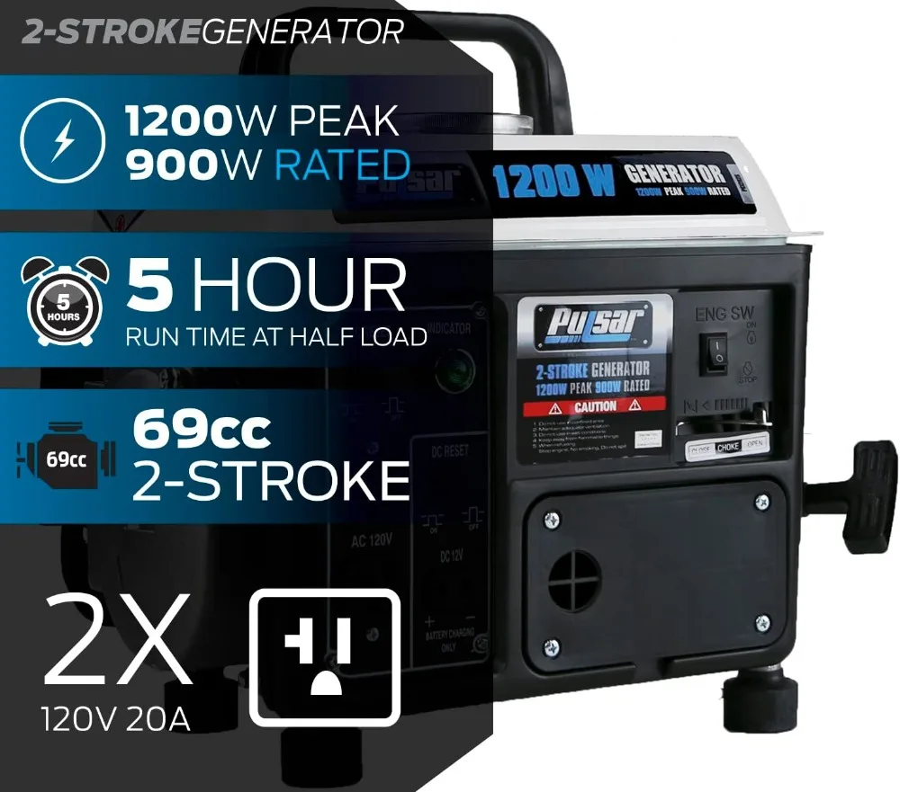 Gerador a Gás Portátil de 1200W, Motor de 2 Tempos, 5 Horas de Autonomia, Saídas de 120V para Camping e Energia ao Ar Livre - Image 2