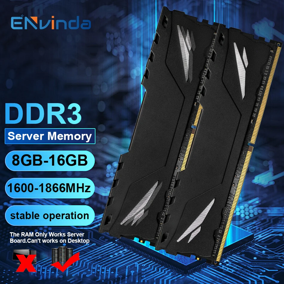 ENvinda DDR3 8GB 16GB 32GB Colete de resfriamento Memória de servidor REG ECC 1600 1866MHz PC3 RAM Suporte X79 X58 LGA 2011 Placa-mãe PC3L