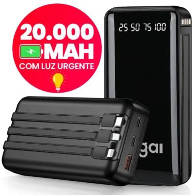 Power Bank 20000mAh Carregador Portátil com Lanterna, Display Digital, Carregamento Rápido para Celular, Viagem