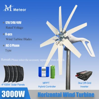 Turbina Eólica Horizontal de 3000W 2000W Nova Fábrica de Energia 12V 24V 48V 8 Lâminas com Controlador MPPT Grátis