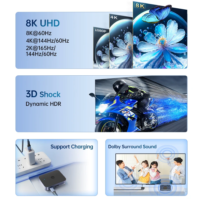 8k displayport switcher 3 em 1 saída bidirecional dp 1.4 divisor 8k @ 60hz 4k @ 144hz 48gbps display porta conversor adaptador hub - Image 10