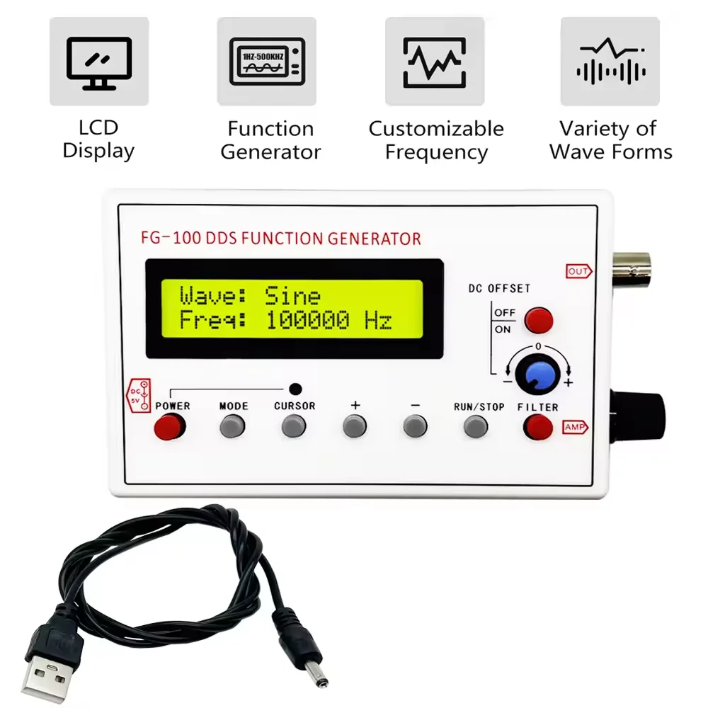 Gerador de Sinal DDS FG-200/100 com Contador de Frequência 0.01Hz - 500KHz, Módulo de Fonte de Sinal com Formas de Onda Senoidal, Quadrada e Dente de Serra - Image 2