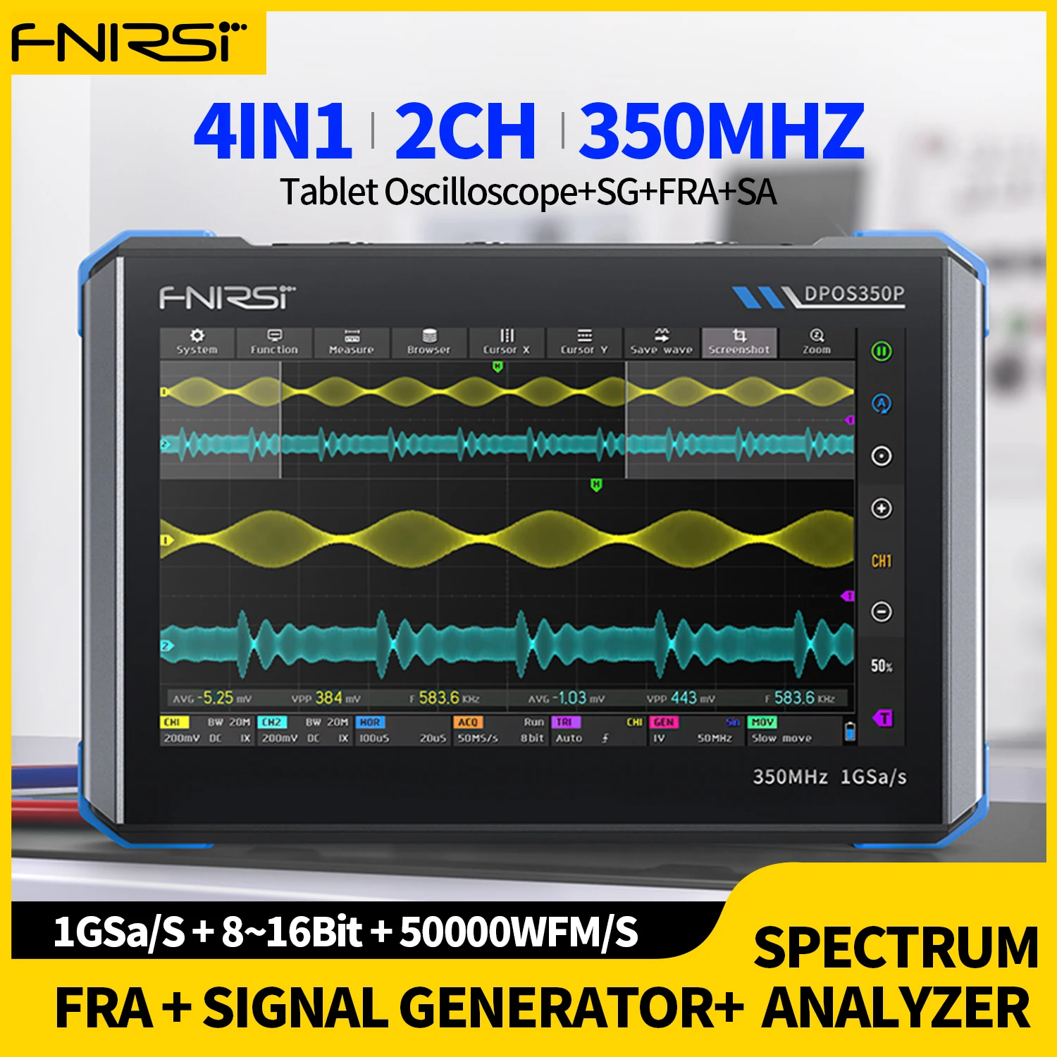 FNIRSI DPOS350P 4 em 1 Tablet Osciloscópio Digital 2CH 350MHz Gerador de Sinal, Analisador de Espectro, Analisador de Resposta de Frequência