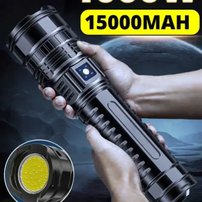 Lanterna led recarregável usb, 1000w, 15000mah, alta potência, zoom, tática, tiro longo, 5km, tocha cob
