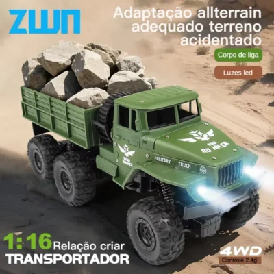 Zwn 1:16 2.4g liga de alumínio seis rodas caminhão militar rc com luzes ao ar livre carros de controle remoto brinquedos presente para crianças.