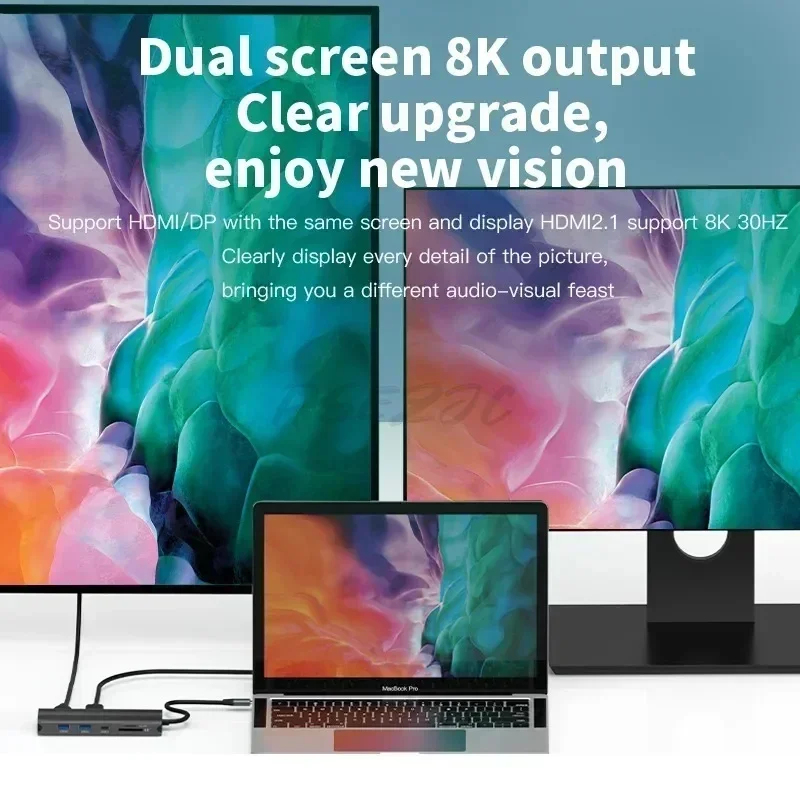 8K Ultra HD Type-C Dock HDMI 2.1 + DP1.4 Multi Tela Espansor de Hub USB Ten em Um - Image 7