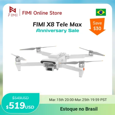 Drone FIMI X8 Tele Max 4K profissional com 30 minutos de tempo de voo, alcance de 20 km, câmera dupla original de 60fps, gimbal de 3 eixos e visão noturna com IA.