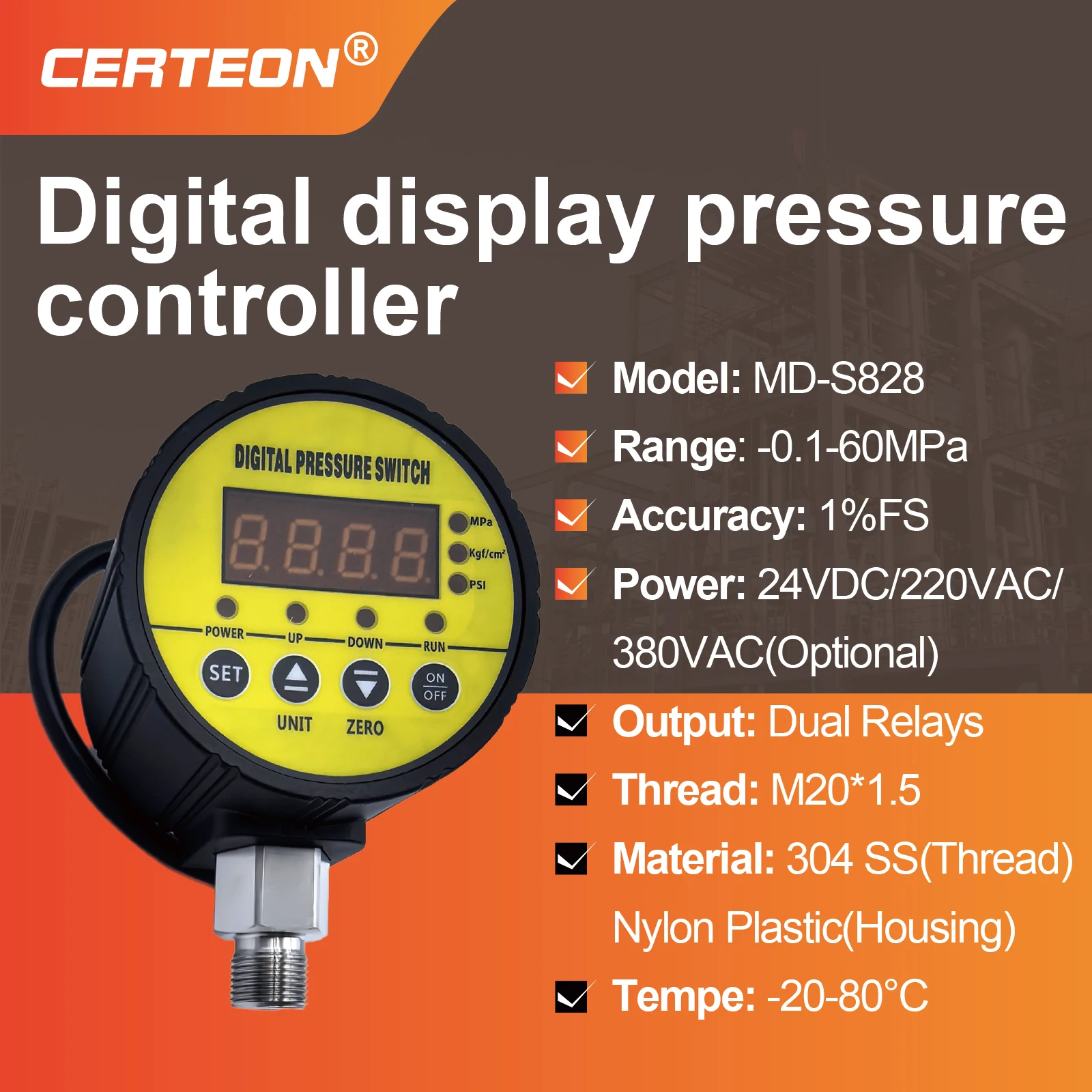 Interruptor de Pressão Digital MD-S828 com Dois Relés 0.1-60MPa Rosca M20 24VDC 220V 380V AC Controle Inteligente para Água Óleo Ar Bombas Industriais com Display LED