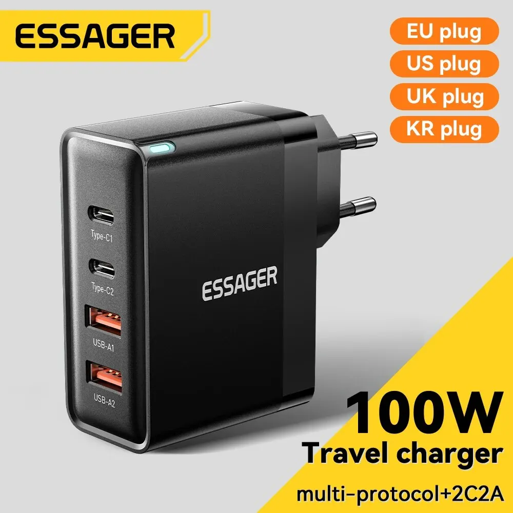 Essager 100W GaN USB Tipo C Carregador PD QC Carga Rápida 4.0 3.0 Tipo C Ricarica Rapida Por iPhone 14 13 12 Xiaomi Macbook