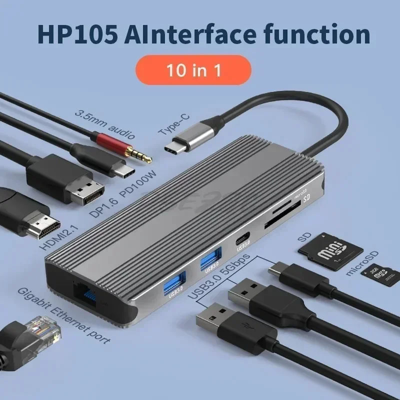 8K Ultra HD Type-C Dock HDMI 2.1 + DP1.4 Multi Tela Espansor de Hub USB Ten em Um - Image 2
