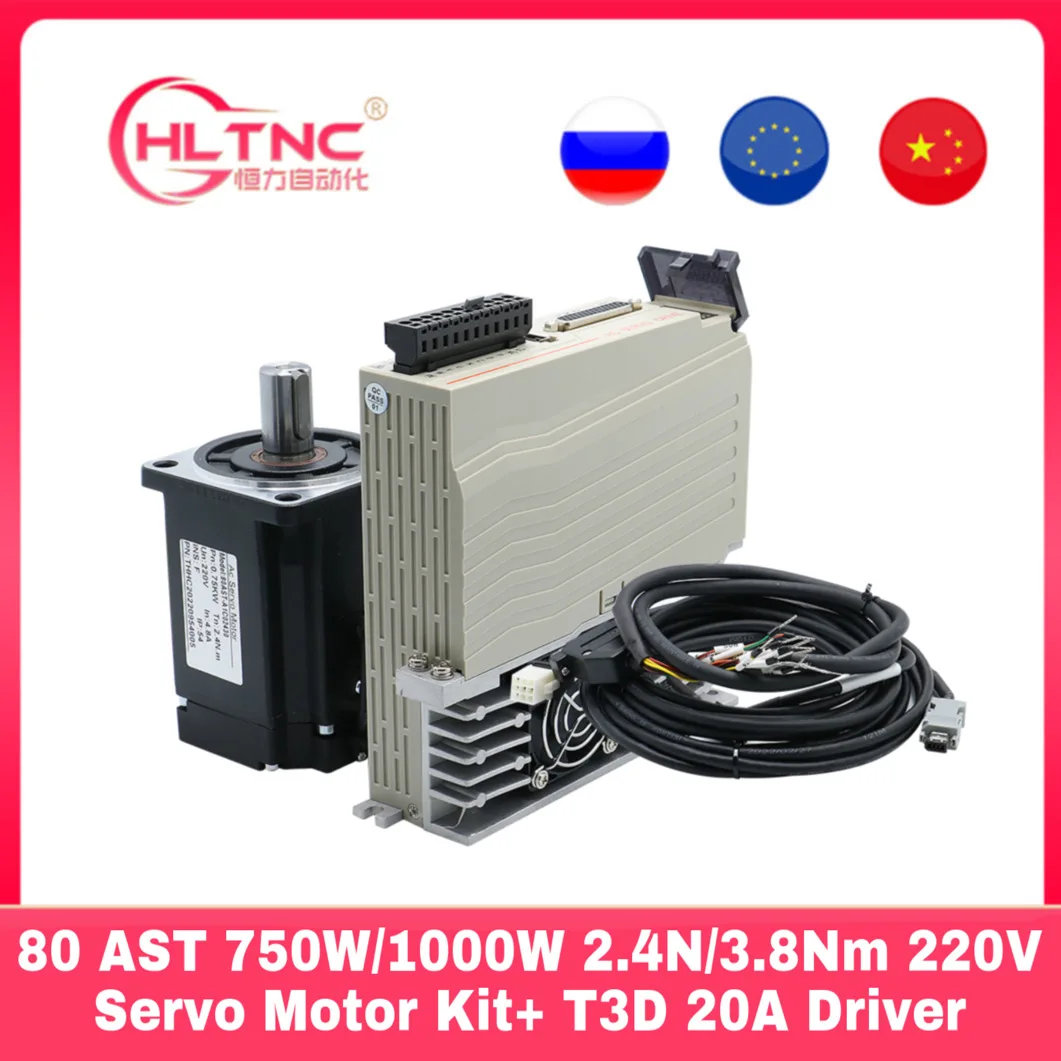 80 flange ac servo motor 220v 750w 1000w 2.4nm/3.8nm + driver T3D-L20A-RABN com cabo de 3m para máquina cnc