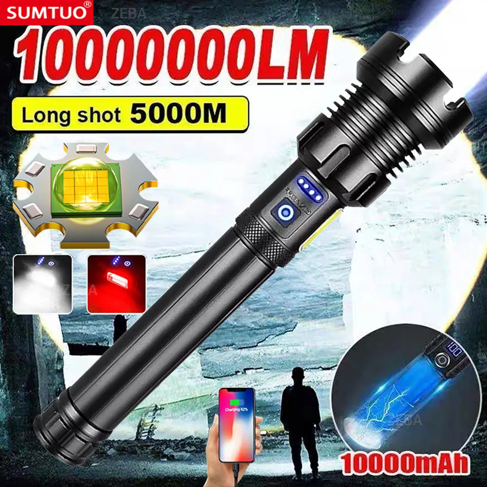 Lanternas LED de alta potência XHP390 Alto lúmen 1000000 Lanterna tática militar de luz forte recarregável para acampamento ao ar livre
