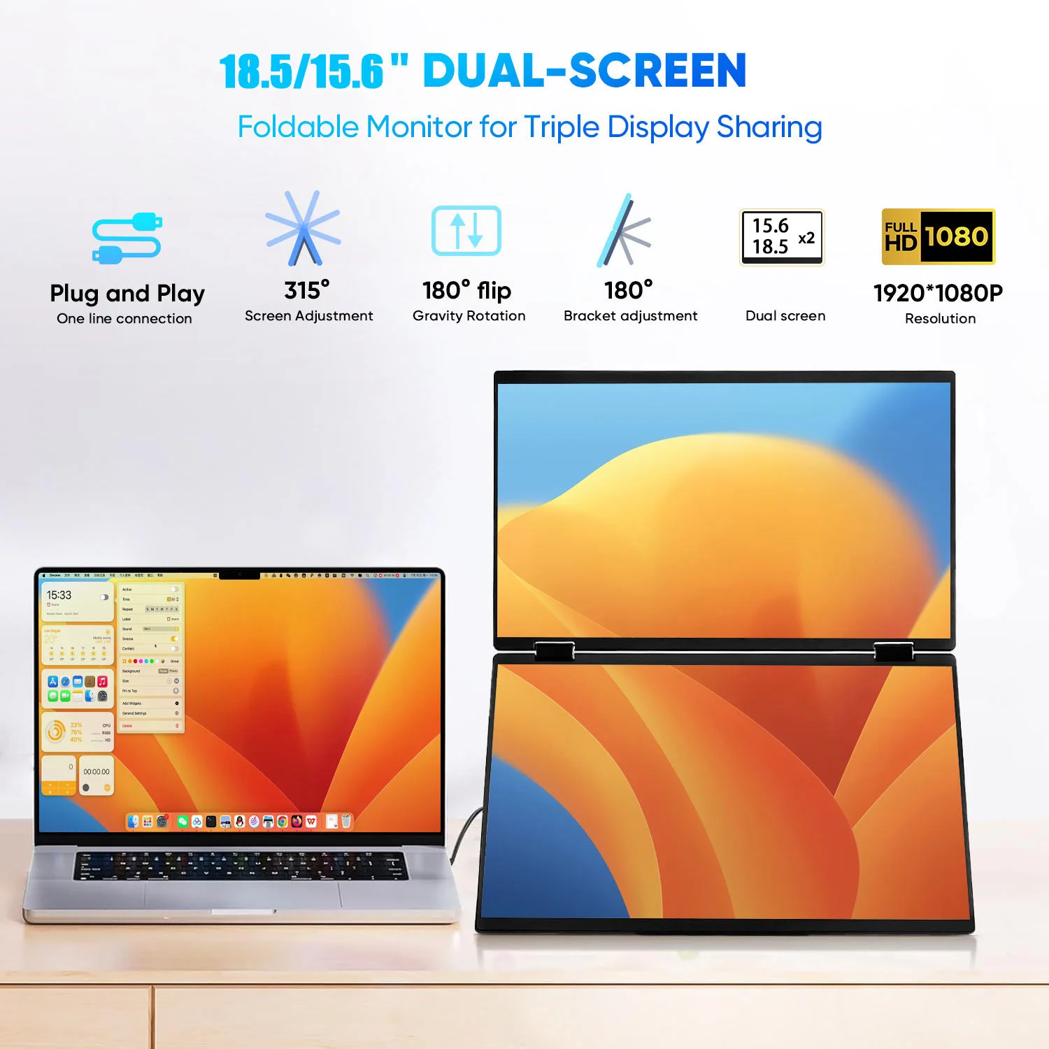 Ahxjkadual monitor portátil 15.6/18.5 "1080p fhd ips dobrável empilhados triplo extensor de tela do portátil jogo USB-C plug & play viagem - Image 4