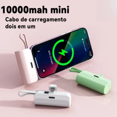 Power Bank 10000mAh Leve com Cabo Embutido Carregador Portátil para Celular Emergência Diária