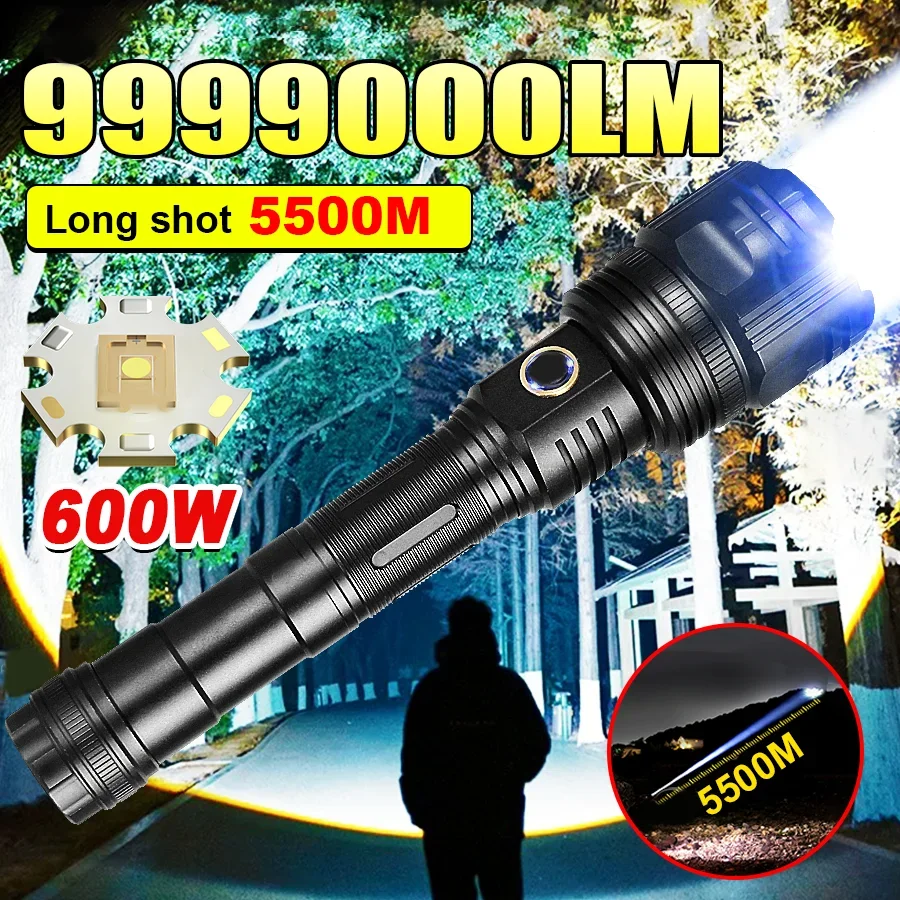 Nova lanterna led de alta potência, 600w, recarregável, luz forte, longo alcance, 5500m, acampamento ao ar livre, pesca, lâmpada de trabalho