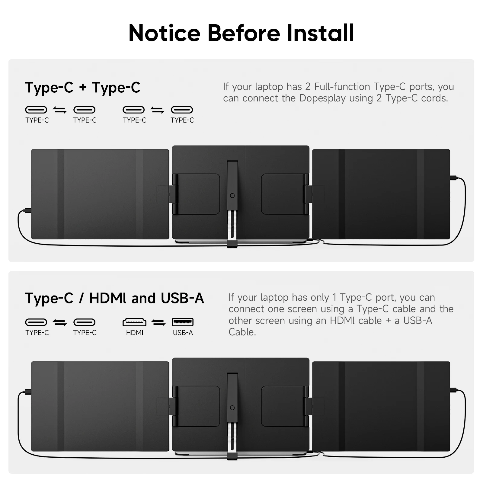 Dopesplay 14.1 "monitor portátil triplo para laptop 1200p fhd ips extensor tela tipo-c usb para pc switch mac laptop até 17.3" - Image 2