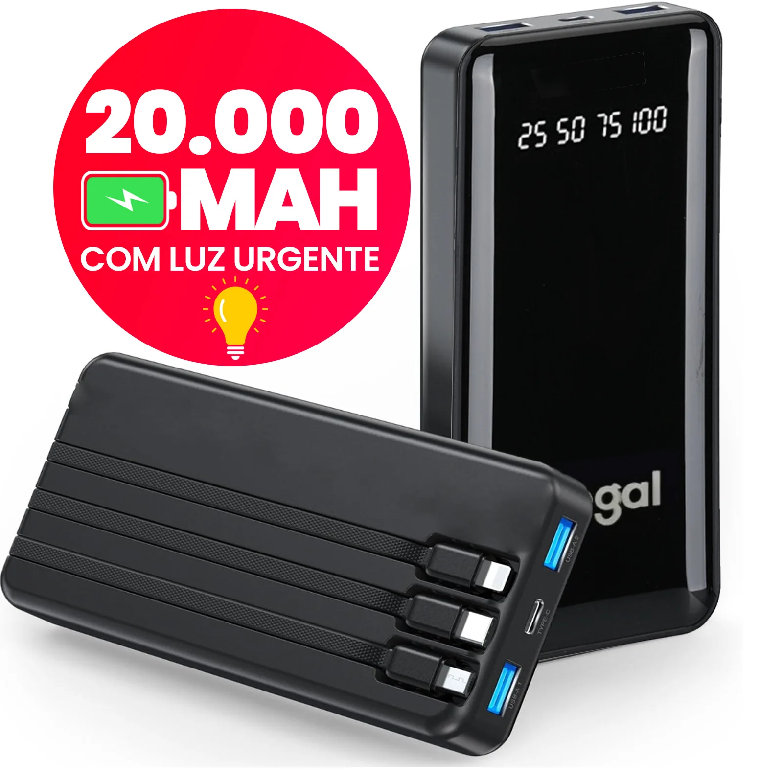Power Bank 20000mAh com Lanterna Portátil Design Favos de Mel Bateria Externa Alta