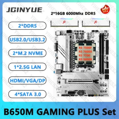 JGINYUE B650M GAMING PLUS Placa-mãe Kit Ryzen 5 7500F/7600X/9600X R7 7700 CPU e 2*16GB 6000Mhz DDR5 RAM Suporte SATA3.0