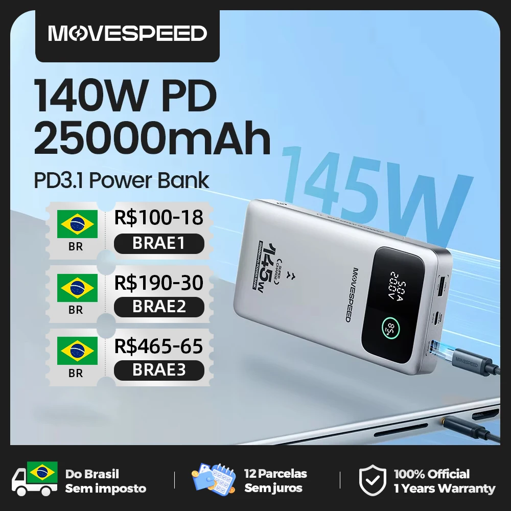 Movespeed m25 pro 140w power bank 25000mah tipo c carregamento rápido bateria de grande capacidade 100w powerbank para macbook lenovo portátil